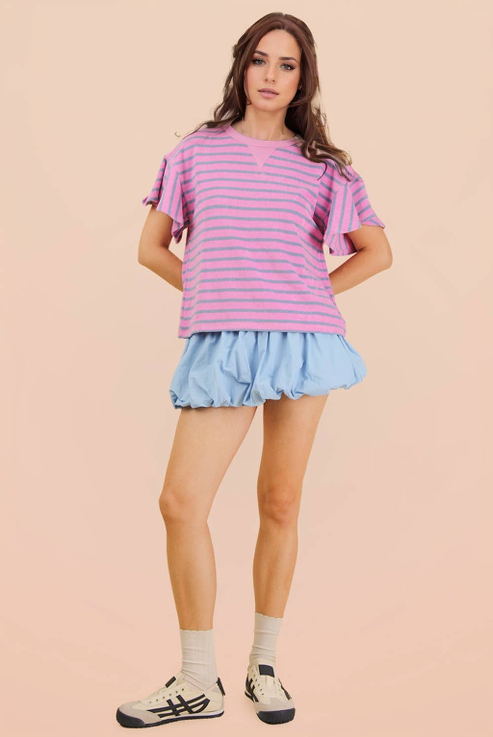 NT12476-Oversized Ruffle Sleeve Casual Stripe Knit Top