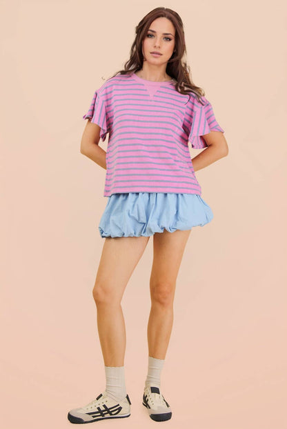 NT12476-Oversized Ruffle Sleeve Casual Stripe Knit Top