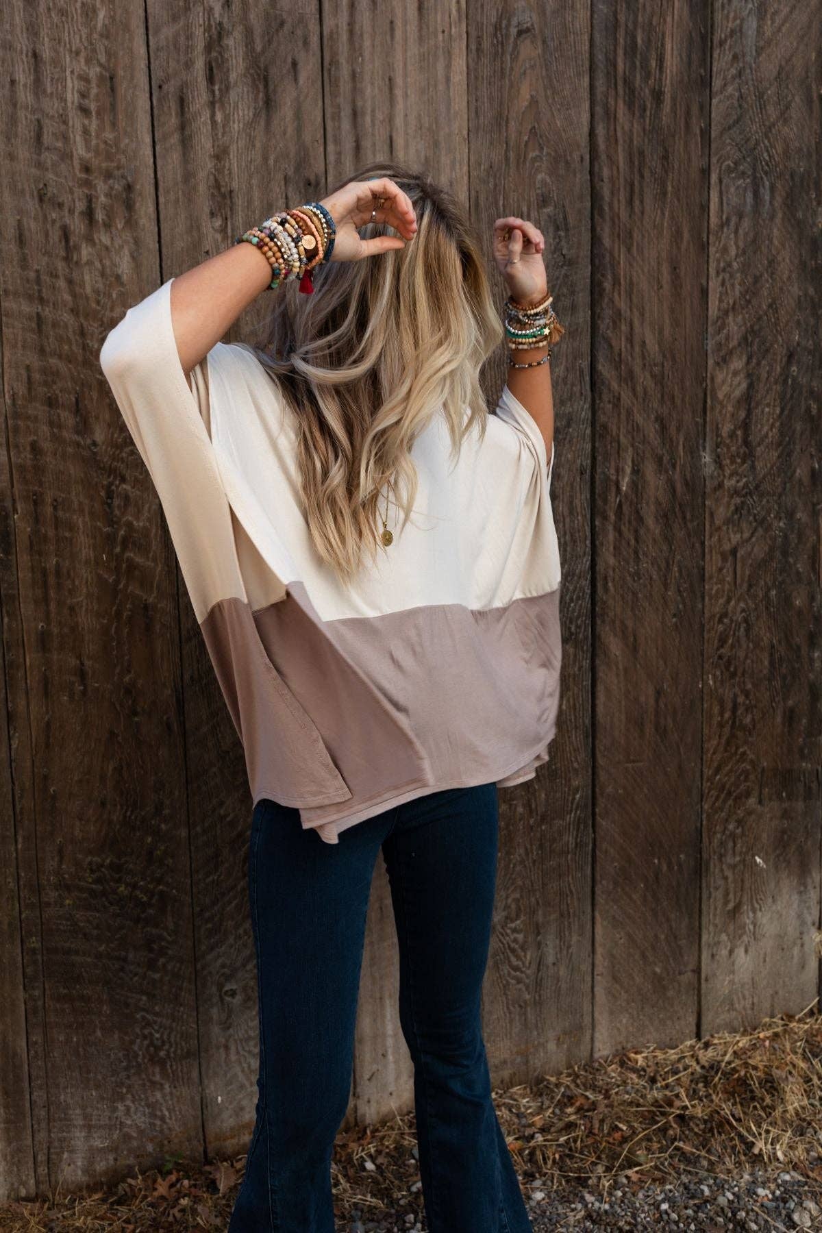 Oversized Coffee Sunsets V Neck Top - Brown