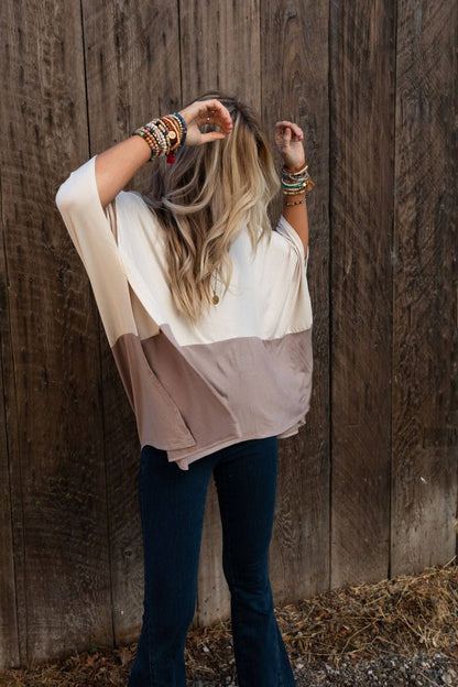 Oversized Coffee Sunsets V Neck Top - Brown