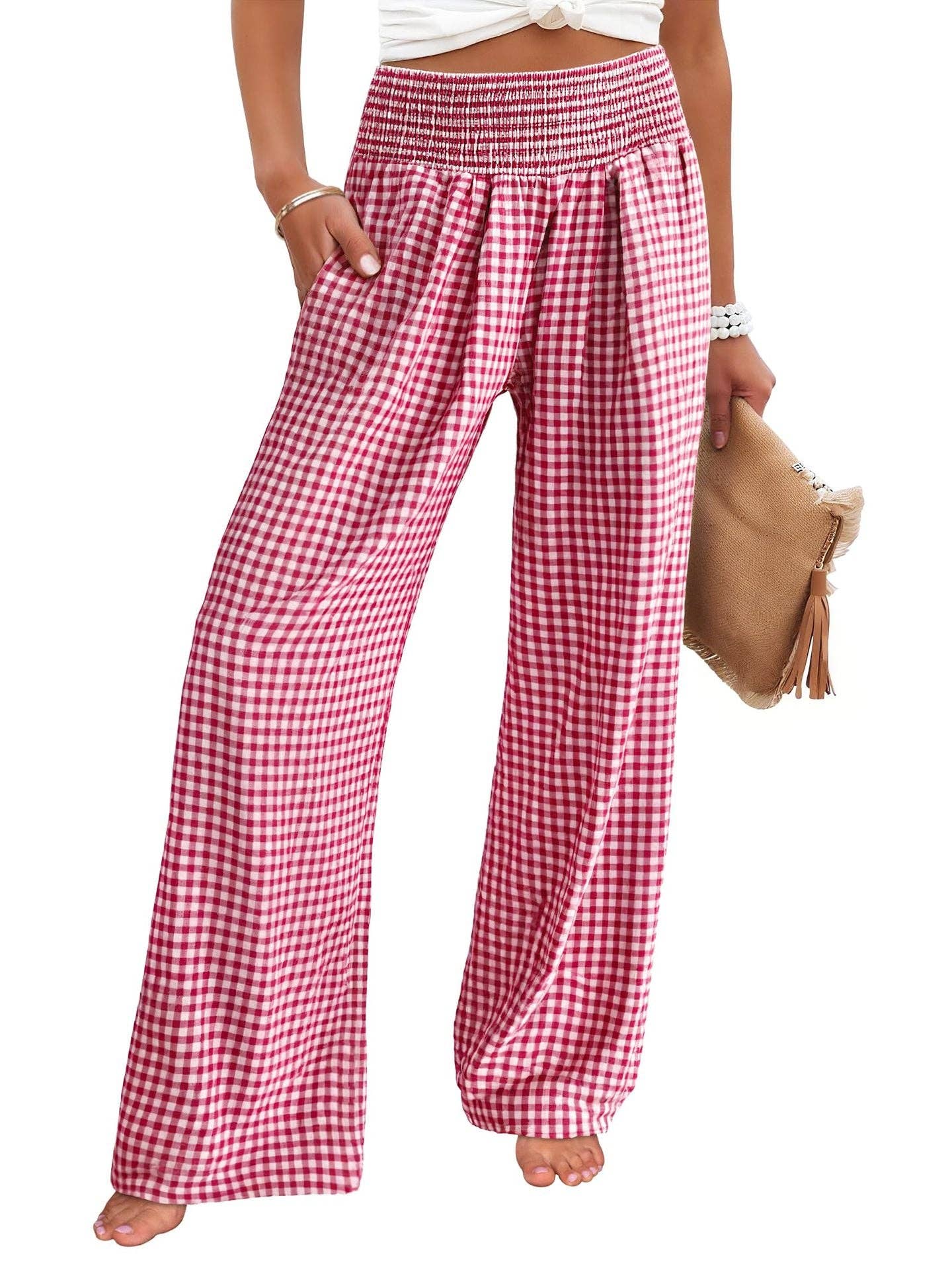 Women's Casual Plaid Elastic Waist Wide Leg Pants