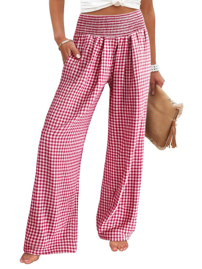 Women's Casual Plaid Elastic Waist Wide Leg Pants