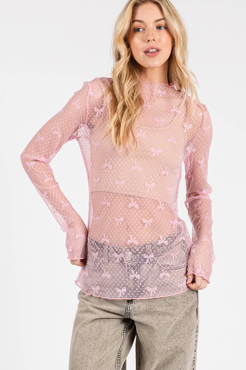BOW PRINT LONG SLEEVE LACE TOP