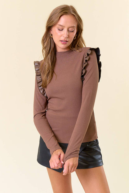 Mock Neck PU Ruffled Long Sleeve Top
