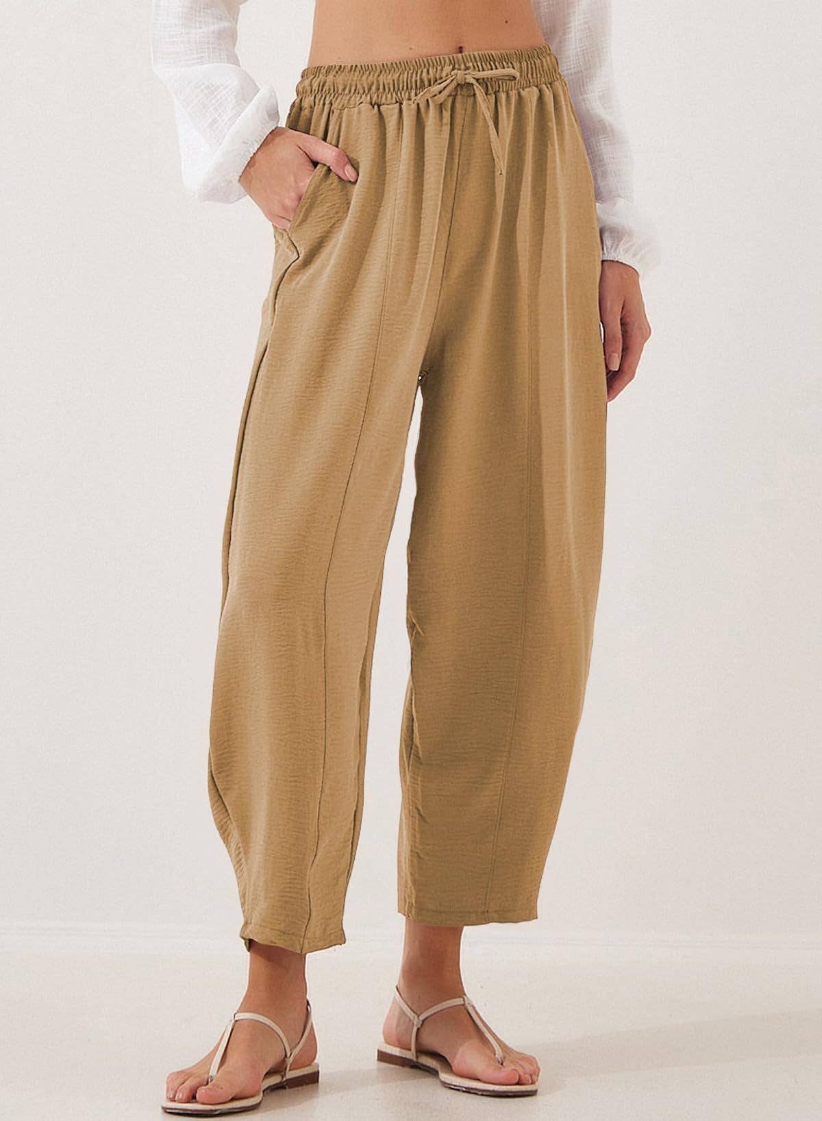 Women's Elastic Waist Drawstring Casual Cropped Harem Pants