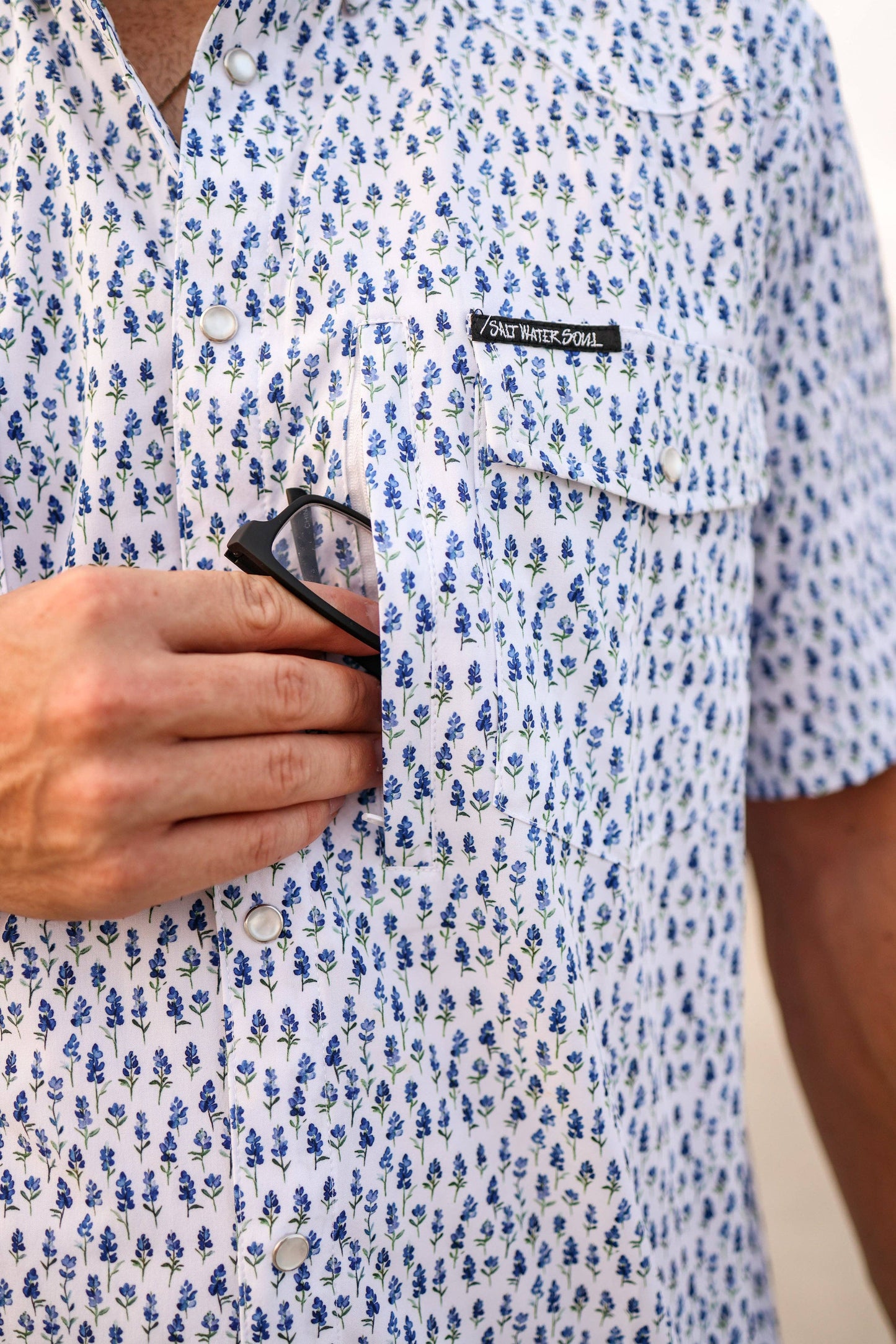 Salt Water Soul Blue Bonnet Pearl Snap Fishing Shirt