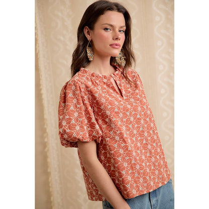 RUST COTTON EYELET PUFF SLEEVE BLOUSE