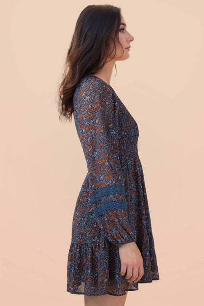 PLUS SIZE Lace Trim Smocking Printed Mini Dress
