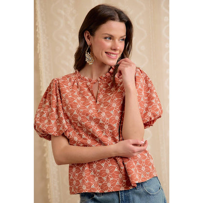 RUST COTTON EYELET PUFF SLEEVE BLOUSE