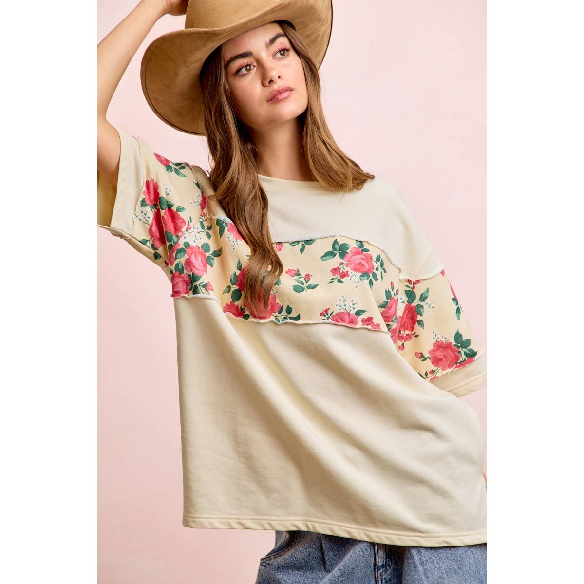 FLORAL PRINT SHORT SLEEVES FRENCH TERRY TOP