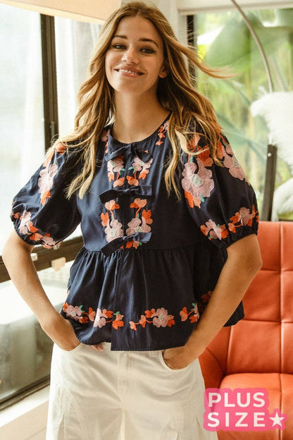Plus Size BOW RIBBON PUFF SLEEVE TOP WITH EMBROIDERY