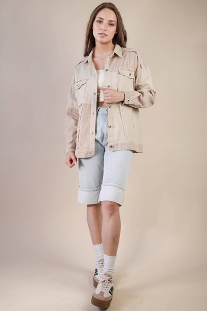 NJ90308X-PLUS SIZE Oversized Color Block Washed Shacket Jack