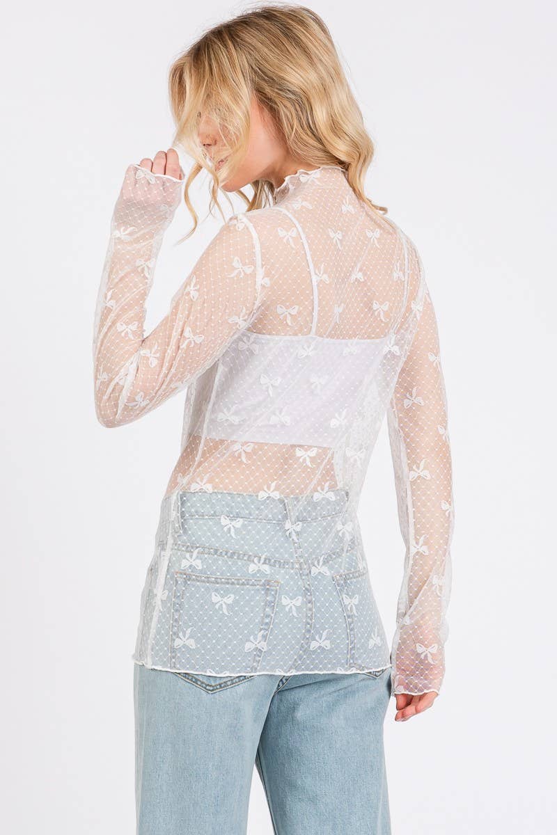 BOW PRINT LONG SLEEVE LACE TOP