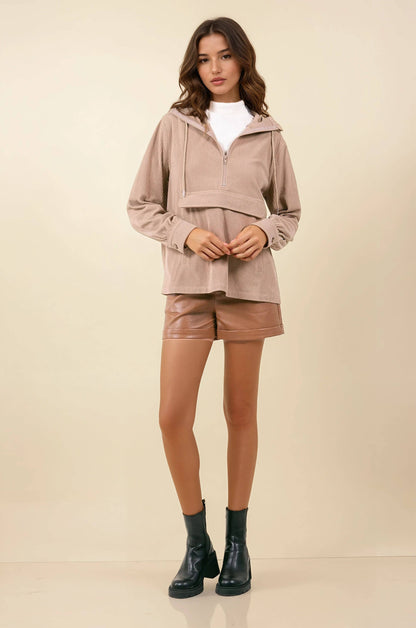 Velour Half Zip Hooded Anorak W/ Patch Pocket