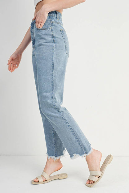 HIGH RISE STRAIGHT LEG DISTRESSED RAW HEM JEANS