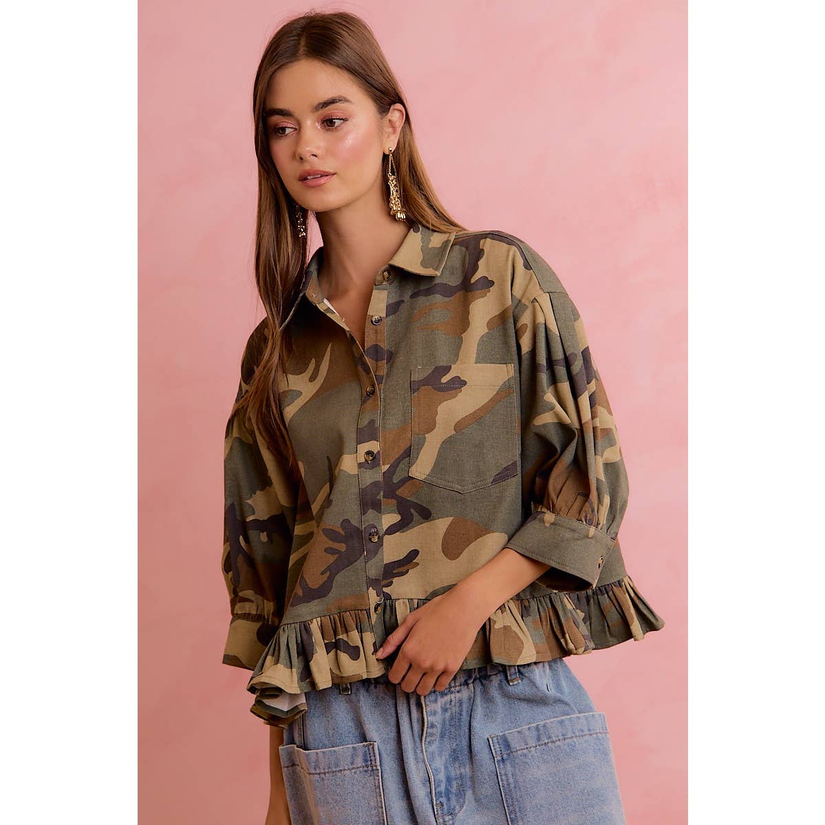 CAMO PRINTED RUFFLED HEM BUTTON DOWN BLOUSE