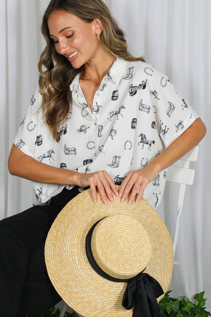Western-Inspired Collared Button Front Shirt Top