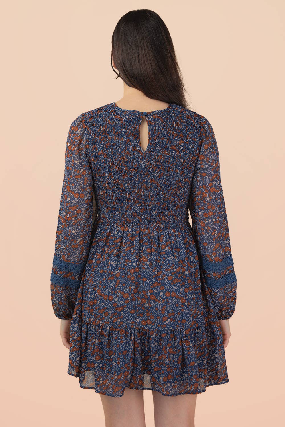 PLUS SIZE Lace Trim Smocking Printed Mini Dress