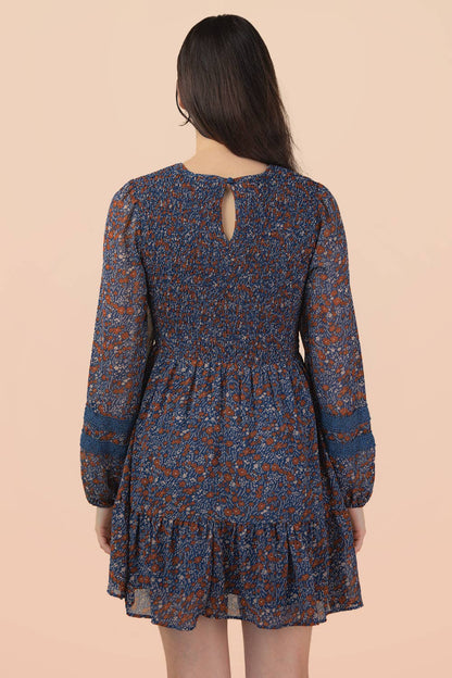 PLUS SIZE Lace Trim Smocking Printed Mini Dress
