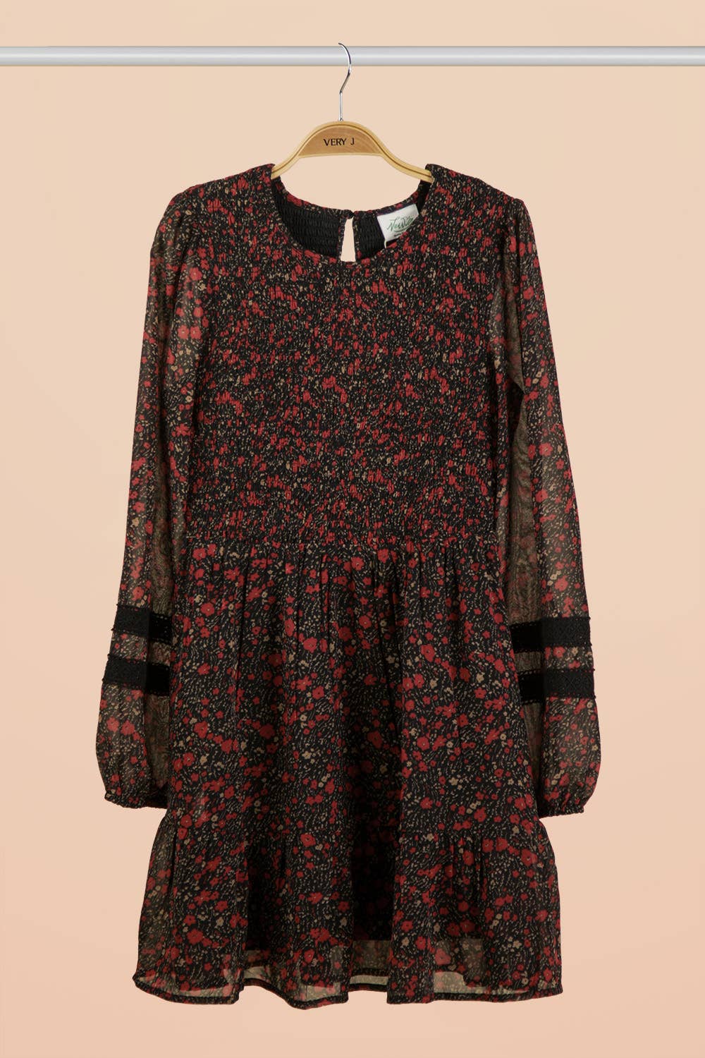 PLUS SIZE Lace Trim Smocking Printed Mini Dress