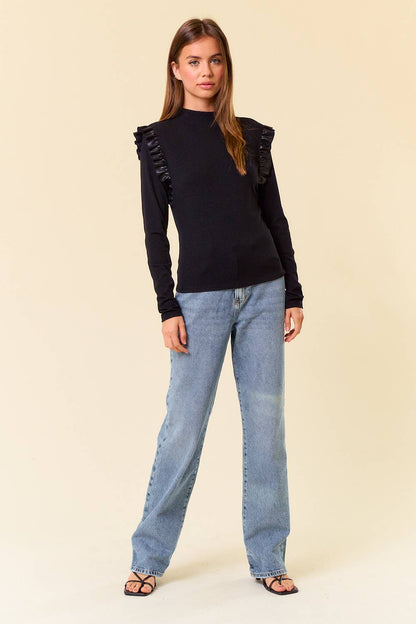 Mock Neck PU Ruffled Long Sleeve Top