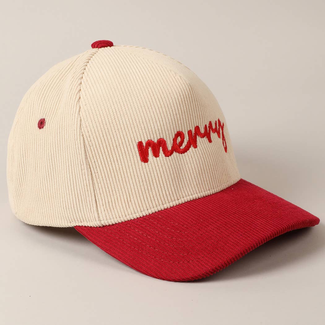 Merry Text Embroidery Two-Tone Corduroy Cap