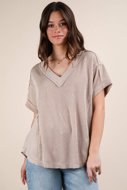 Soft Two Tone Casual Comfy Ribbed Knit Top