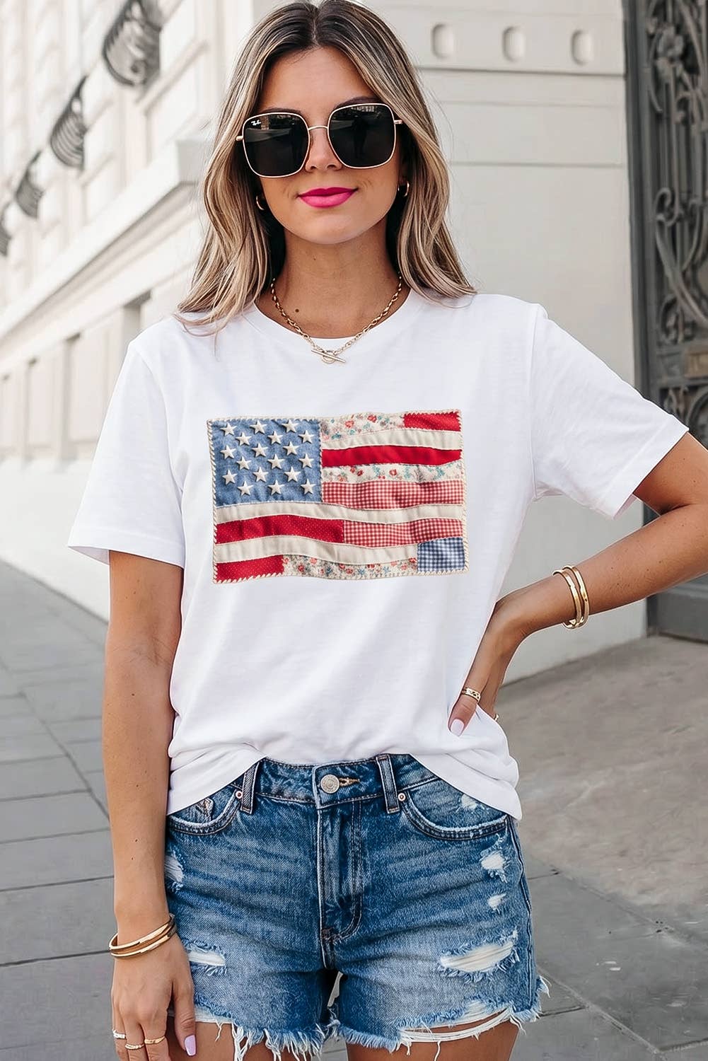 Faux Patchwork USA Flag Print Tee