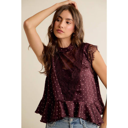 POLKA DOT SATIN LACE TRIM RUFFLED HIGH NECK BLOUSE TOP