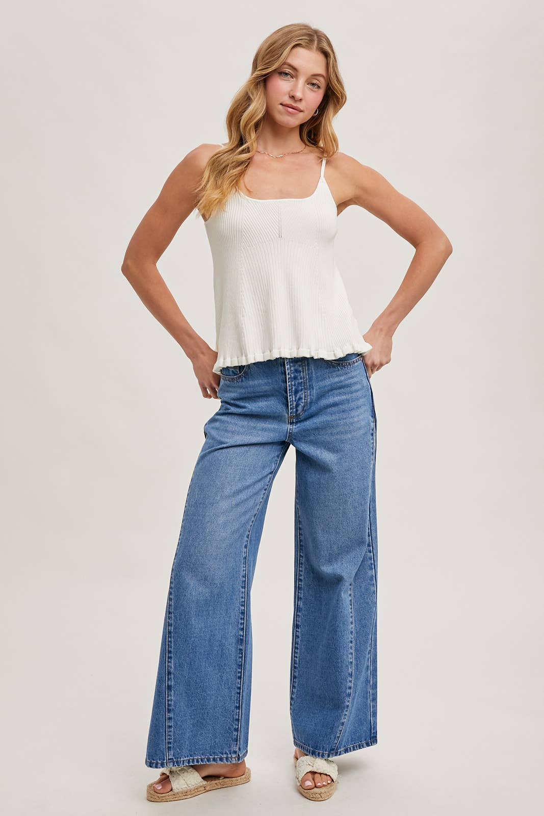 DENIM WIDE LEG MID RISE FLARE JEANS