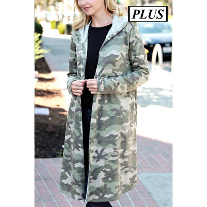Plus Camo Long Cardigan with Hoodie