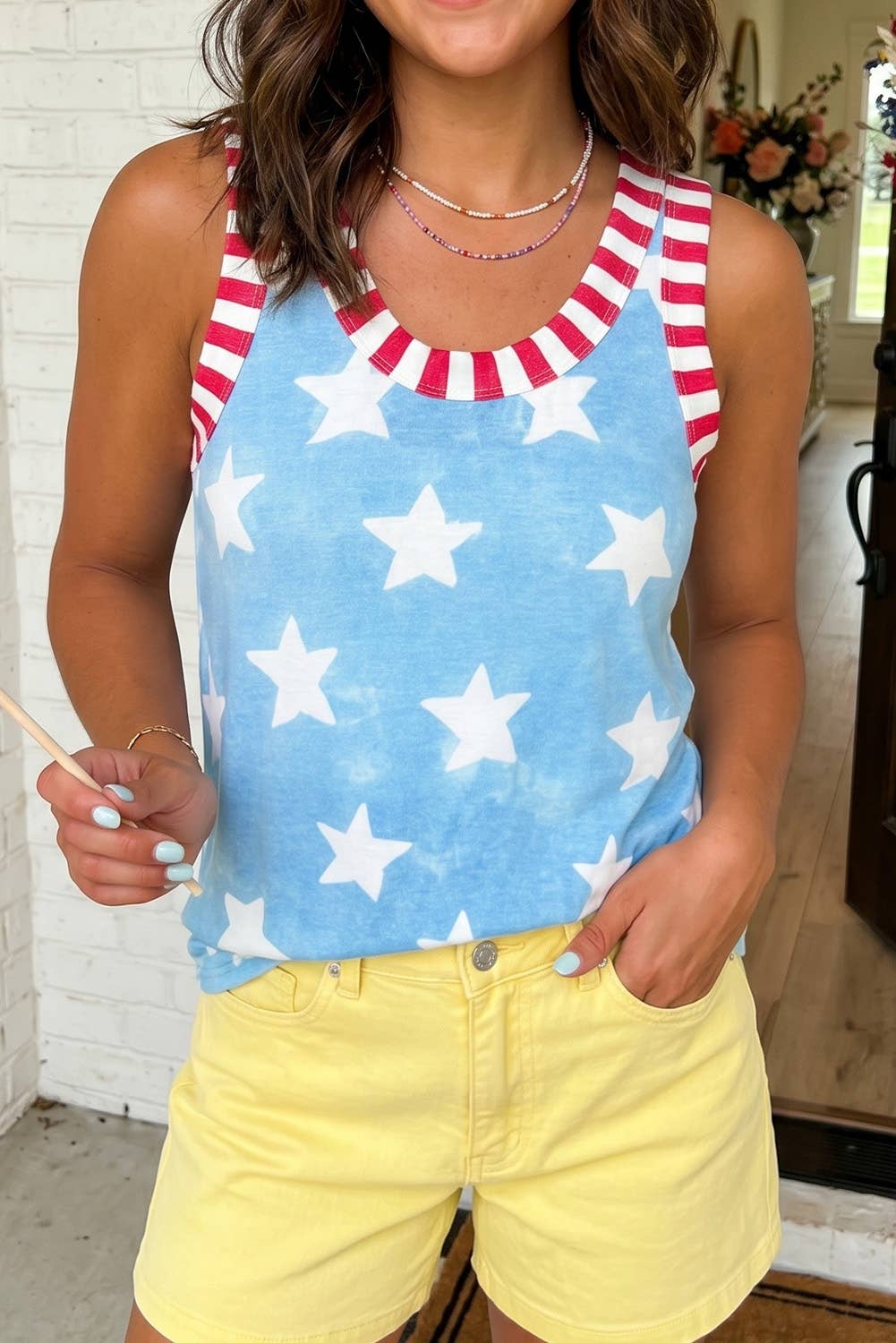 Star Print Striped Trim Casual Tank Top