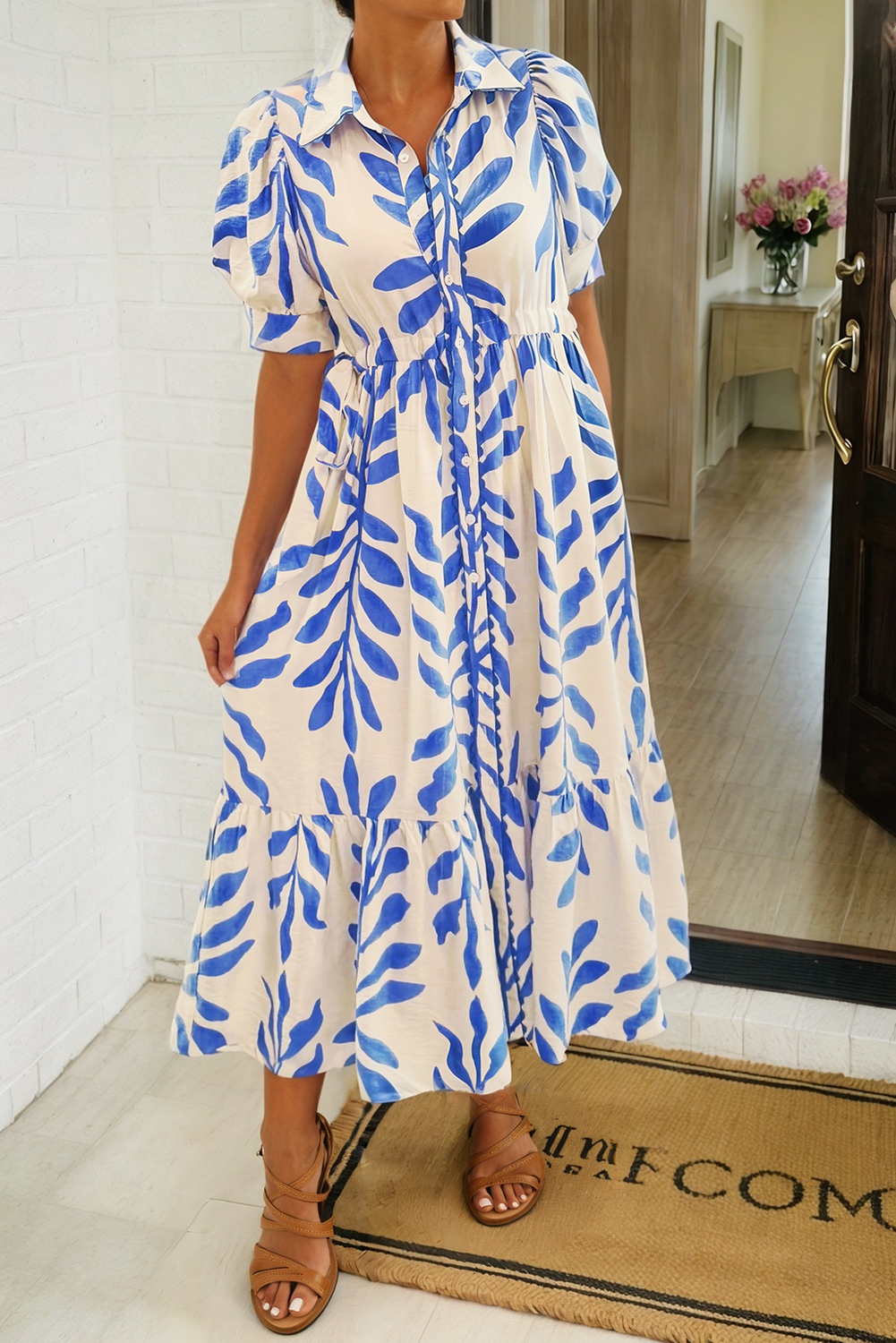 Leafy Botanical Side Tie Button Down Maxi Dress