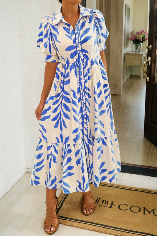 Leafy Botanical Side Tie Button Down Maxi Dress