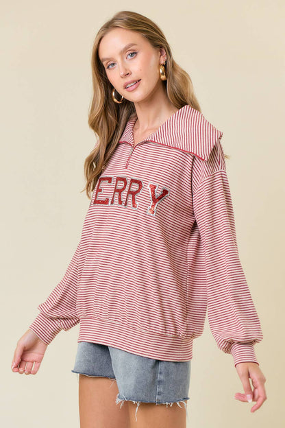 Sequin MERRY Patched Half Zip-Up Stripe Sweatshirt