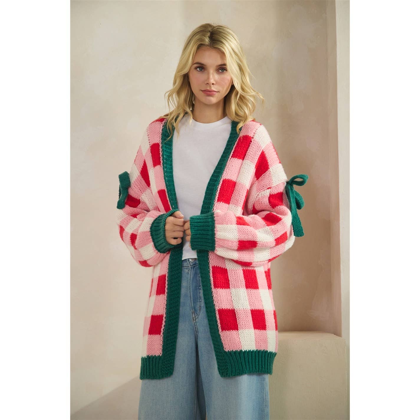 Checkered Cardigan with Ribbon Details