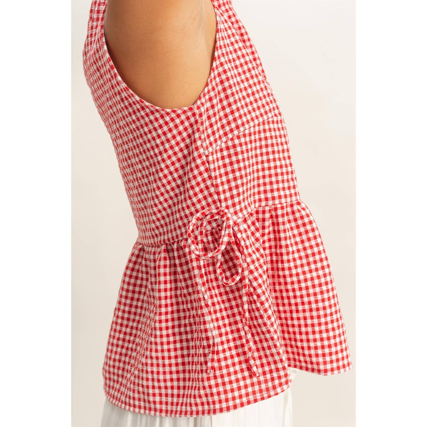 Gingham Sleeveless Peplum Top With Side Ties