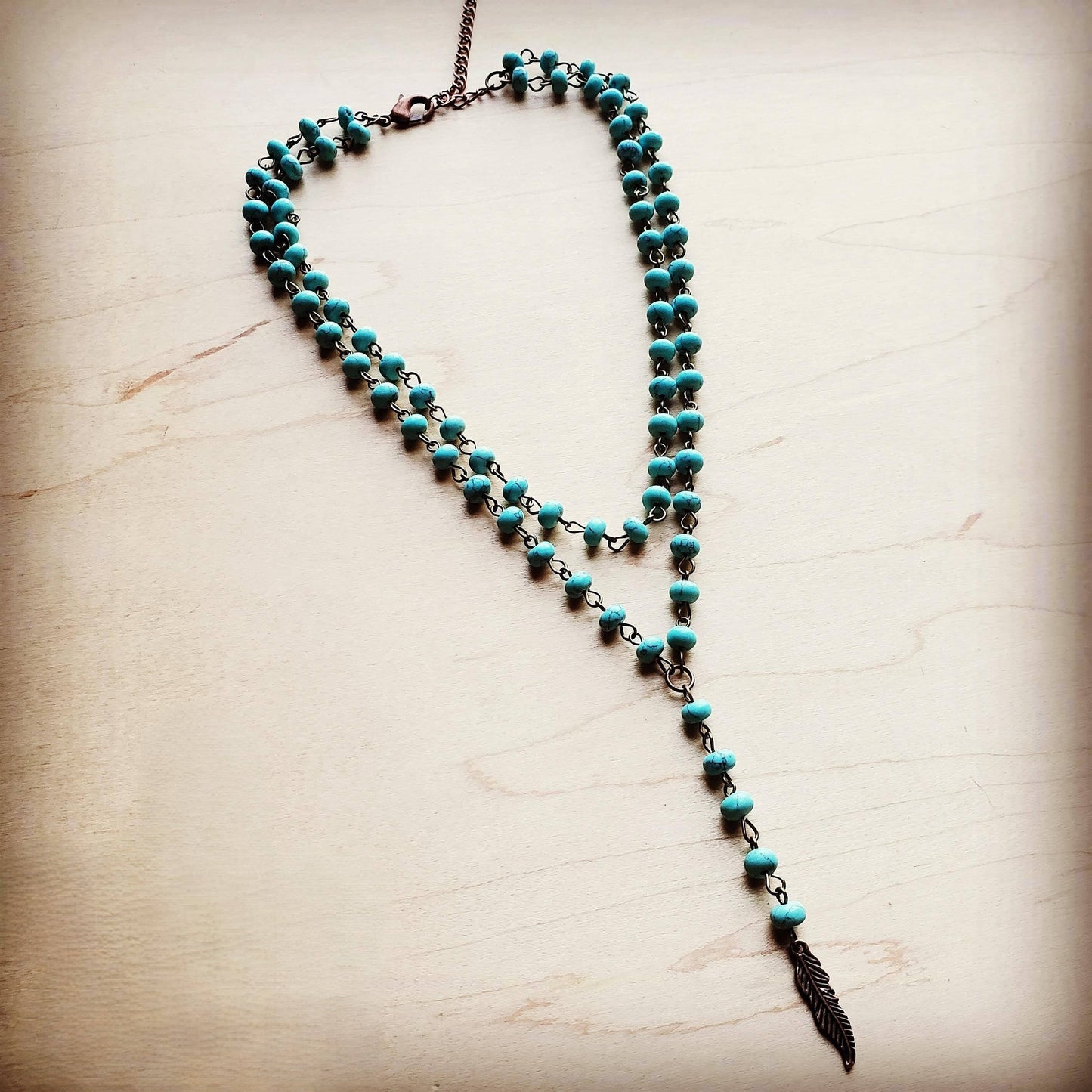 Double Strand Lariat Blue Turquoise Necklace w/ Copper Feather