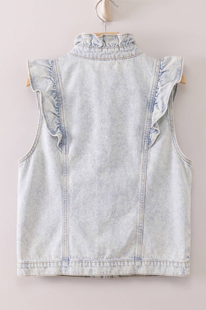 Ruffle Detail Washed Denim Vest