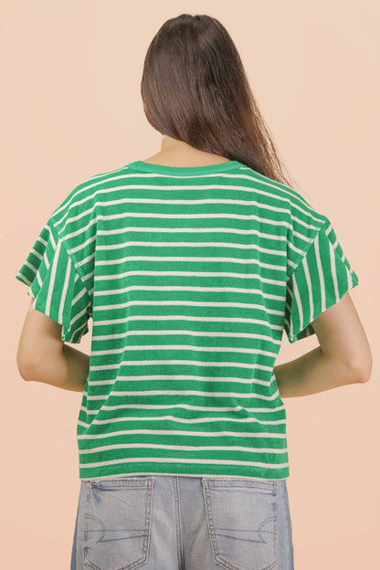 NT12476-Oversized Ruffle Sleeve Casual Stripe Knit Top