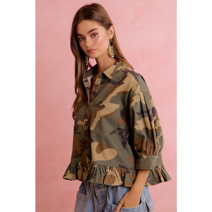 CAMO PRINTED RUFFLED HEM BUTTON DOWN BLOUSE