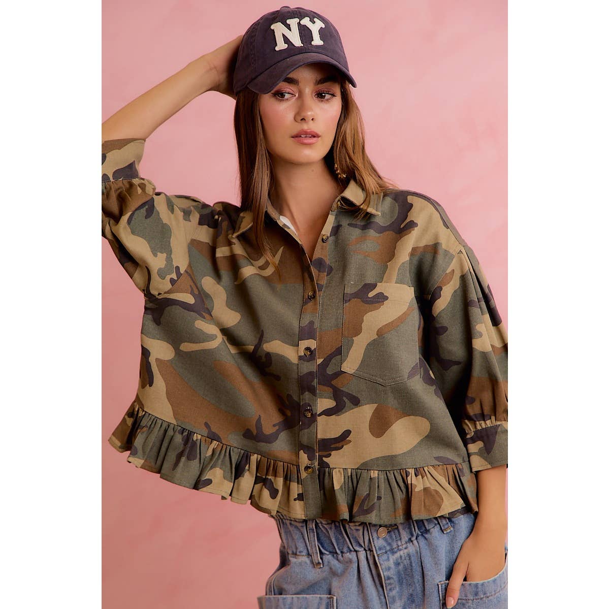 CAMO PRINTED RUFFLED HEM BUTTON DOWN BLOUSE