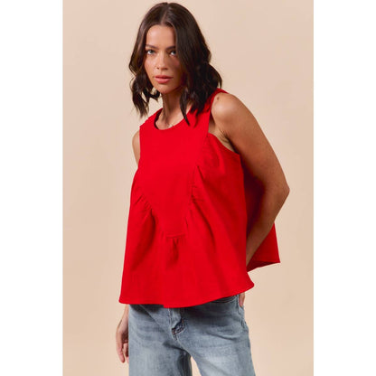 GAME DAY COLOR DENIM RUCHED SLEEVELESS TOP