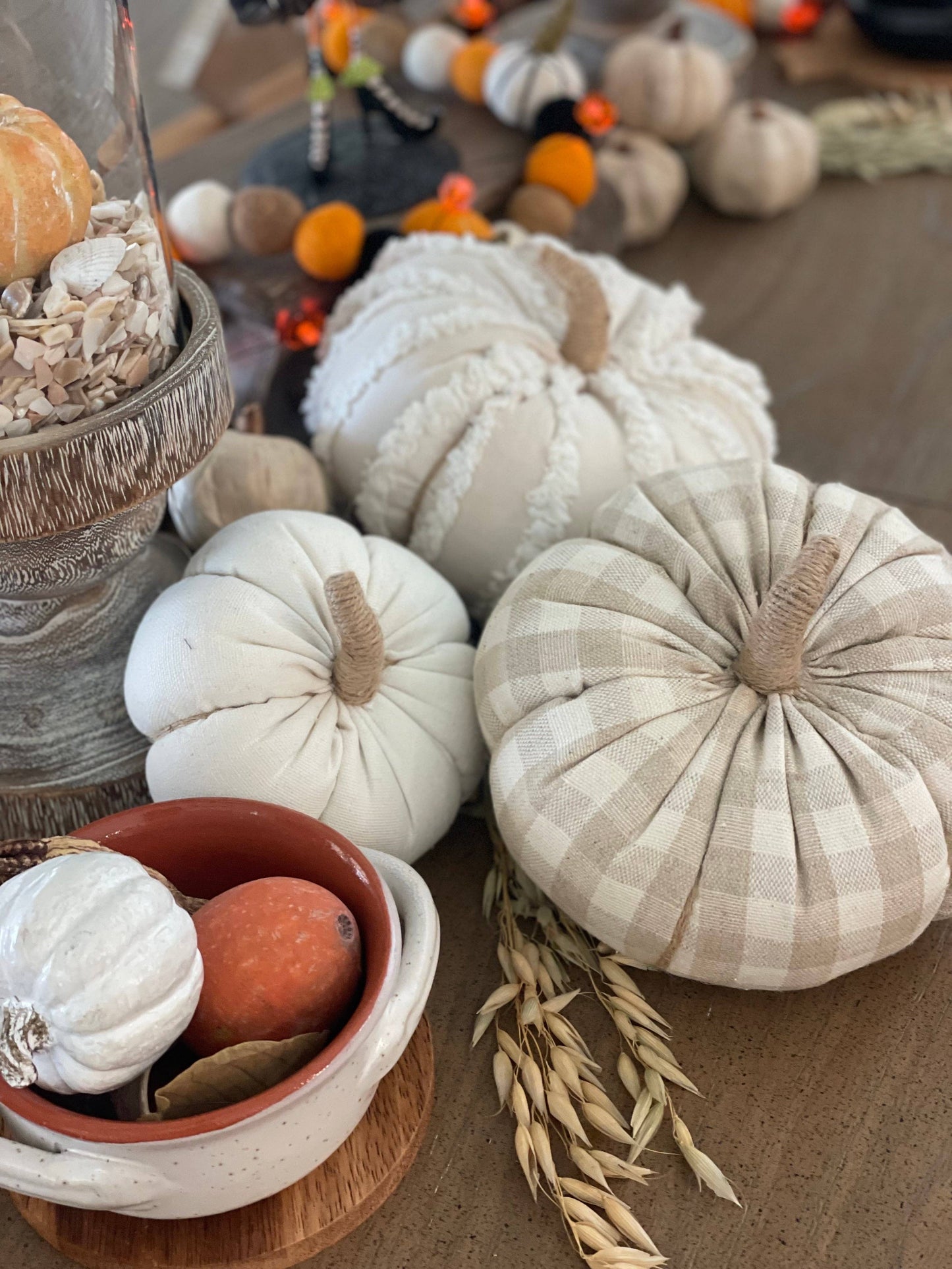 Medium White Fuzzy Stripes Fall Fabric Pumpkin
