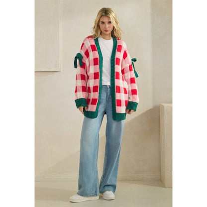 Checkered Cardigan with Ribbon Details