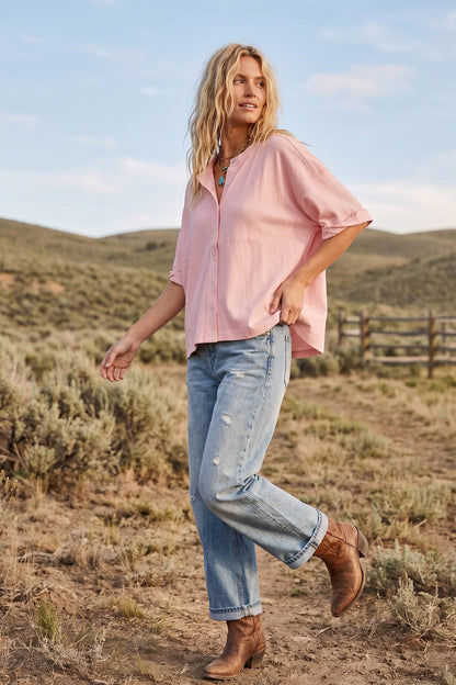 Oversized Button Front Stretch Lightweight Knit Top