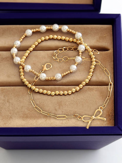 Bow Chain Link Pearl Beaded Multi Layer Bracelet