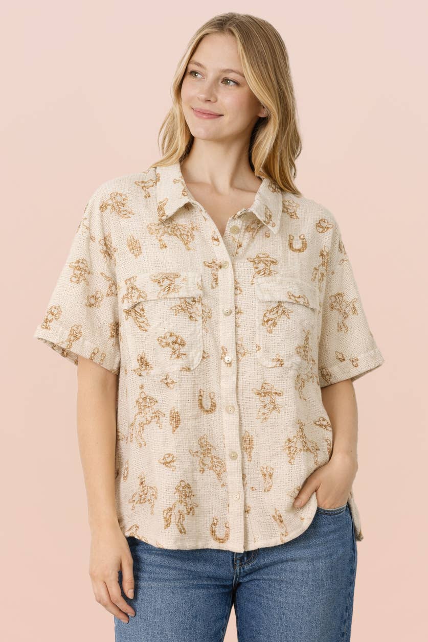 Western Graphic Button-Down Shirt Top