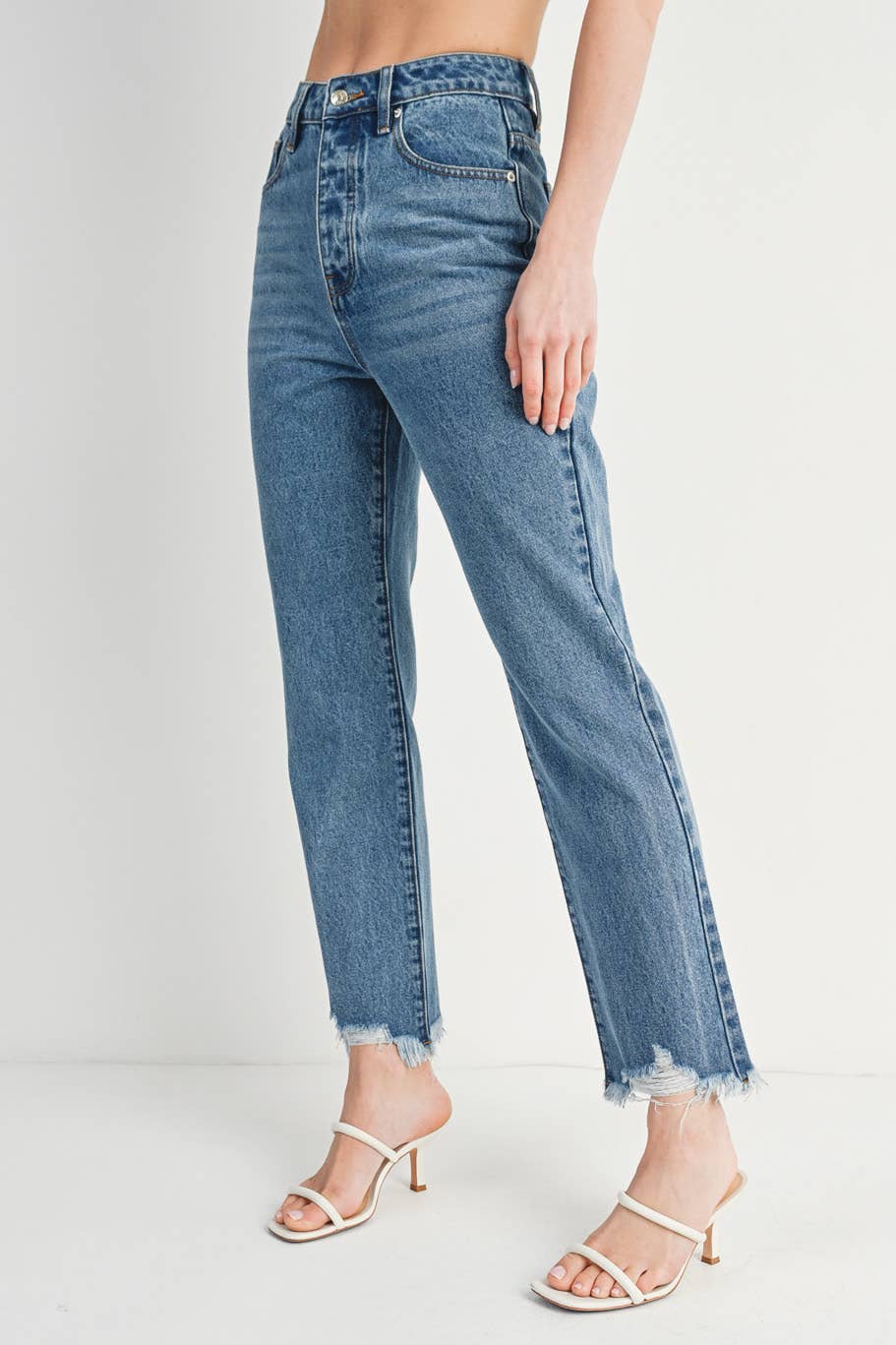 HIGH RISE STRAIGHT LEG DISTRESSED RAW HEM JEANS