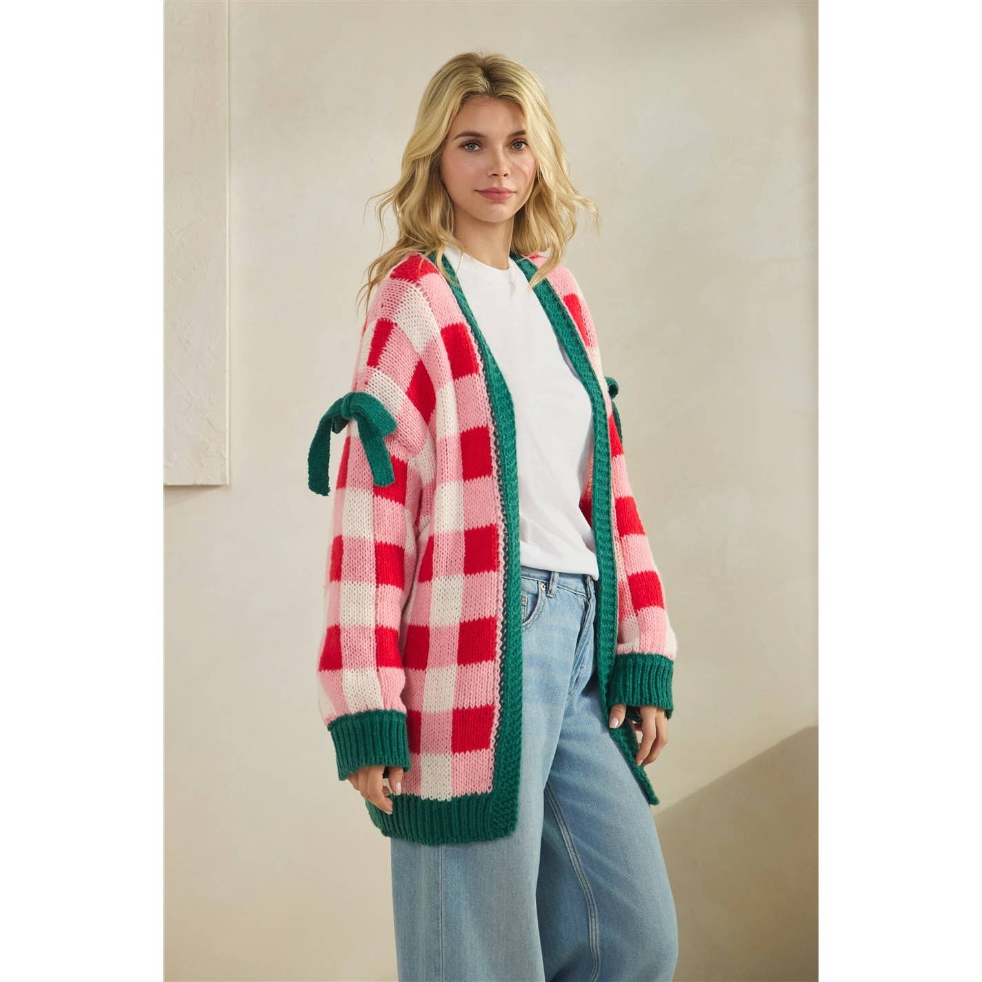 Checkered Cardigan with Ribbon Details